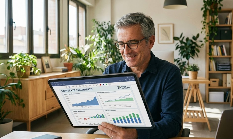 Inversor de mediana edad revisando su cartera de inversiones en una tablet moderna, con gráficos financieros de crecimiento estable en la pantalla, en una oficina luminosa con plantas y ambiente profesional pero acogedor