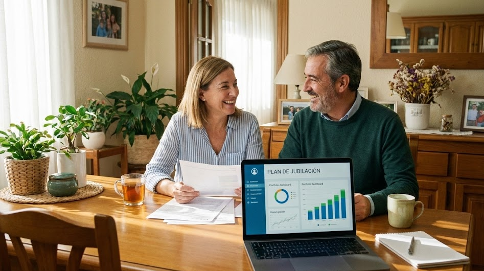 Pareja de mediana edad sonriendo mientras revisan juntos documentos financieros y planes de jubilación en su hogar, con laptop abierta mostrando gráficos de cartera de inversiones, ambiente cálido y confiado